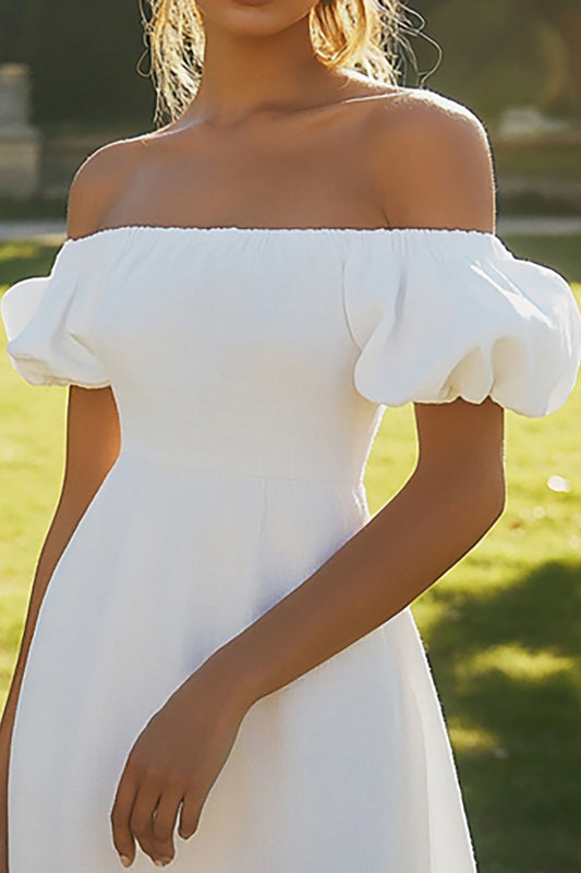 Ivory Puff Sleeves Maxi Satin Rehearsal Dinner Dress with Slit