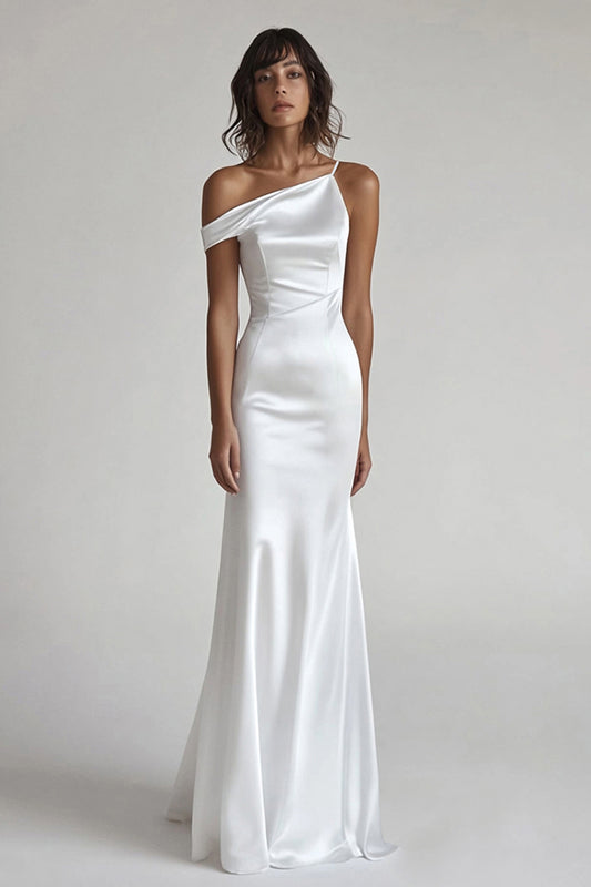 Ivory One Shoulder Mermaid Maxi Satin Rehearsal Dinner Dress