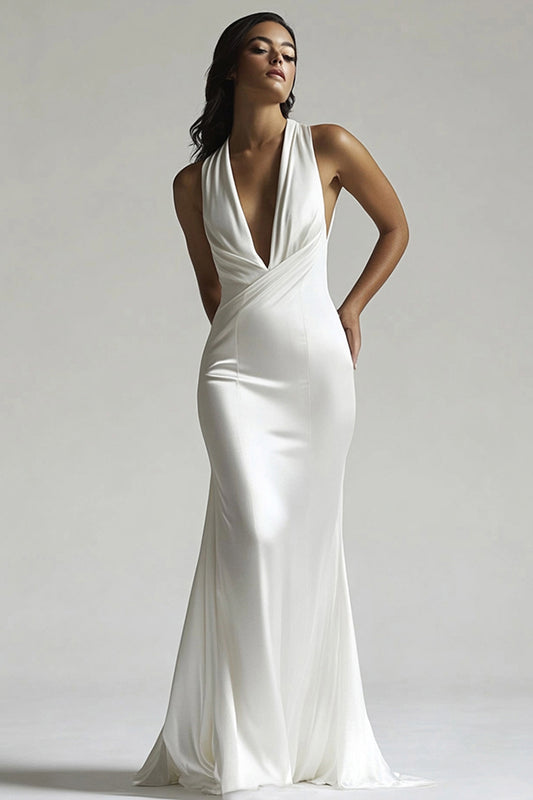 Ivory Deep V-Neck Ruched Maxi Mermaid Rehearsal Dinner Dress