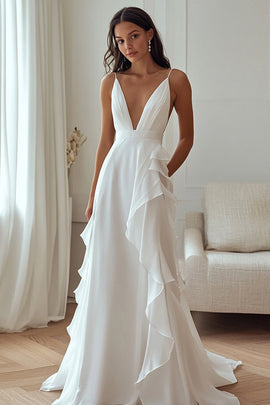 Ivory Chiffon Deep V-Neck Maxi Rehearsal Dinner Dress with Ruffles