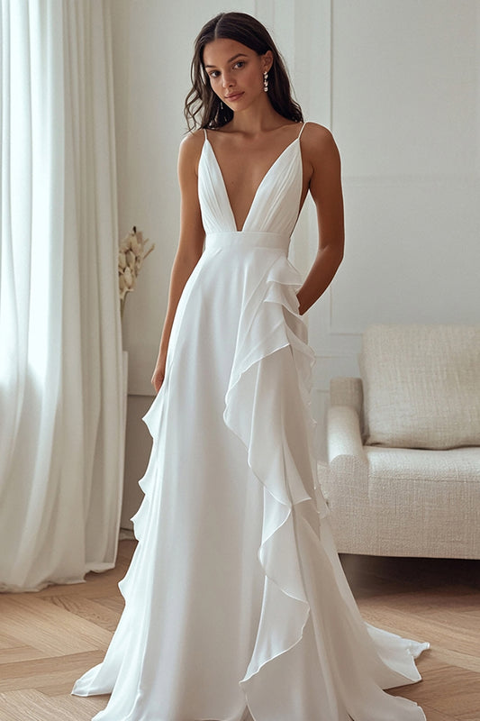 Ivory Chiffon Deep V-Neck Maxi Rehearsal Dinner Dress with Ruffles