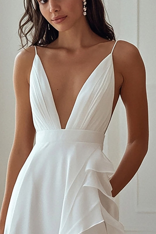 Ivory Chiffon Deep V-Neck Maxi Rehearsal Dinner Dress with Ruffles