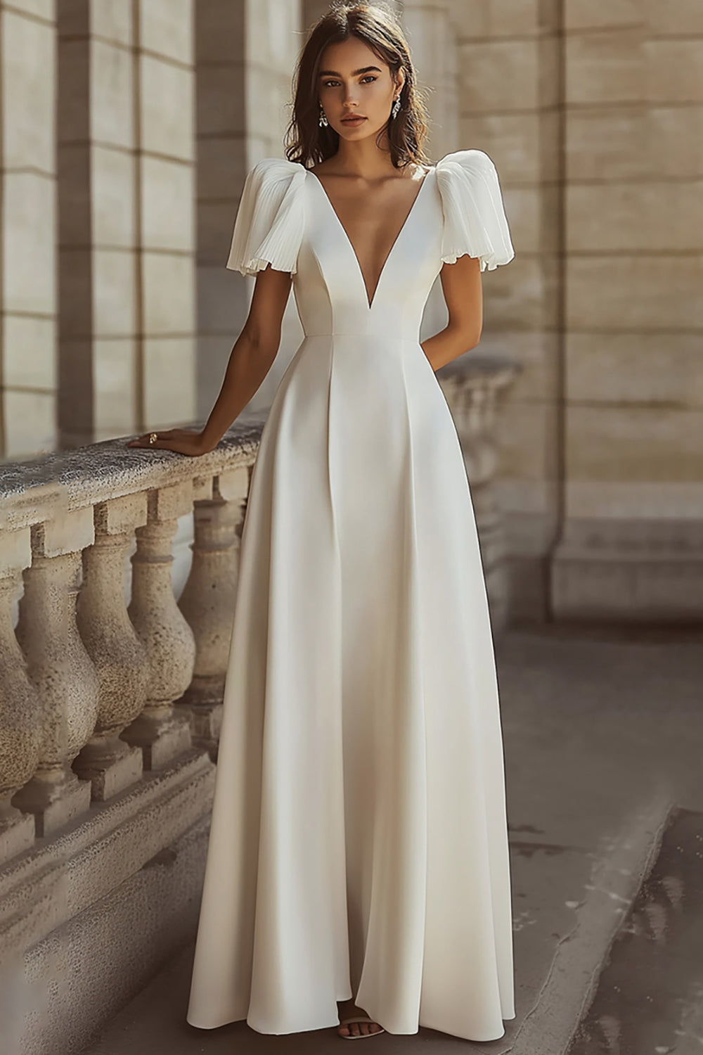 Zapakasa Women Simple Ivory Satin Maxi Rehearsal Dinner Dress Deep V-Neck Short Sleeves Engagement Dress Zapakasa Women Simple Ivory Satin Maxi Rehearsal Dinner Dress Deep V-Neck Short Sleeves Engagement Dress