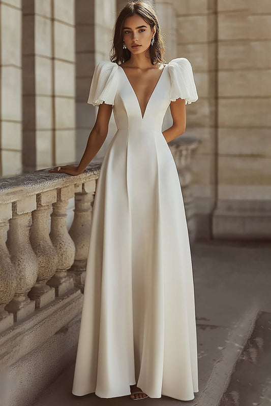 Simple Ivory Deep V-Neck Maxi Rehearsal Dinner Dress with Sleeves