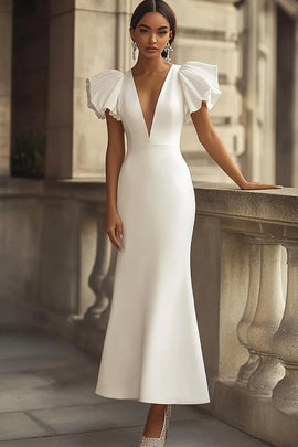 Ivory V-Neck Mermaid Satin Maxi Wedding Reception Dress with Sleeves
