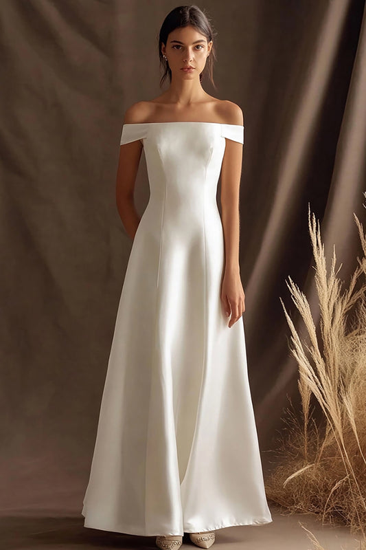 Simple Ivory Satin Off the Shouler Maxi Rehearsal Dinner Dress