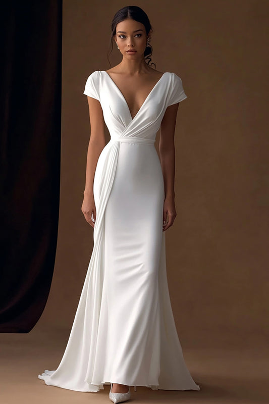 Simple Ivory V-Neck Mermaid Maxi Rehearsal Dinner Dress with Sleeves