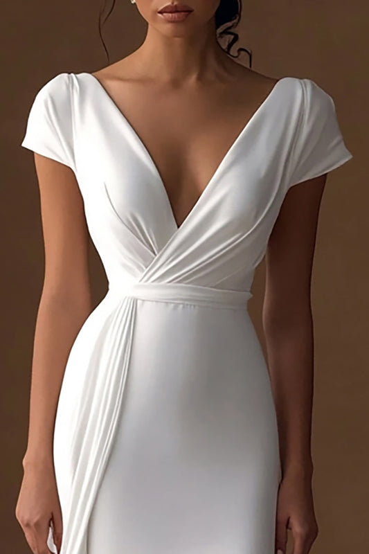 Simple Ivory V-Neck Mermaid Maxi Rehearsal Dinner Dress with Sleeves
