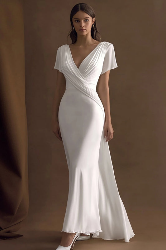 Simple Ivory Mermaid V-Neck Maxi Rehearsal Dinner Dress with Sleeves