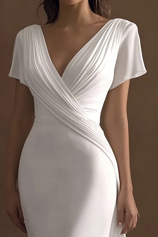 Simple Ivory Mermaid V-Neck Maxi Rehearsal Dinner Dress with Sleeves
