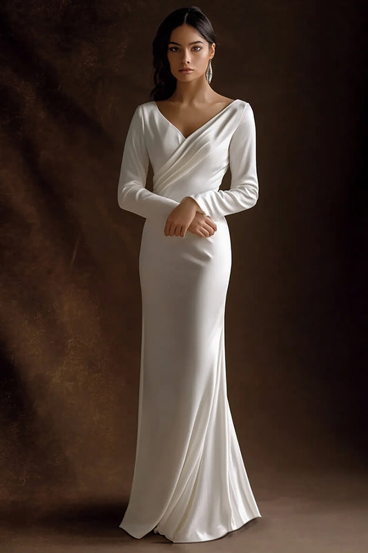 Simple Ivory Satin V-Neck Maxi Rehearsal Dinner Dress with Sleeves