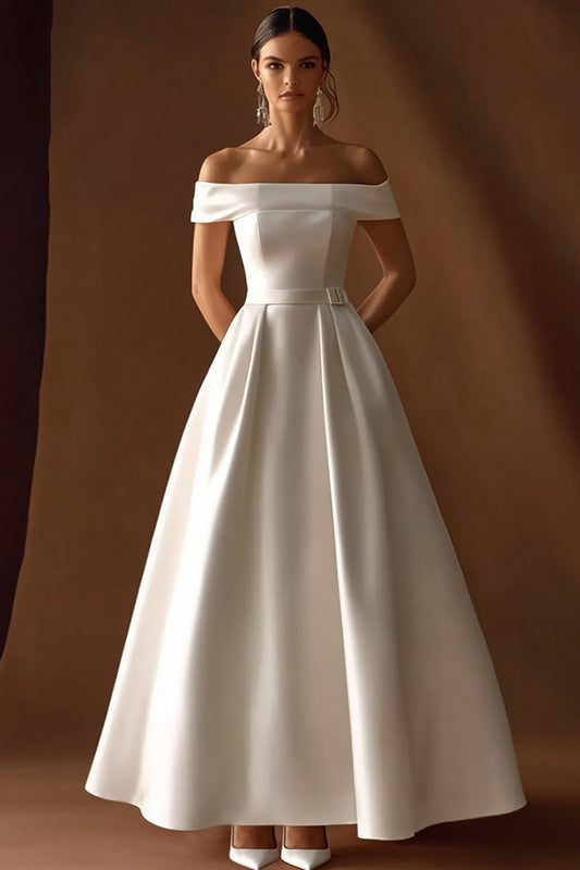 Simple Ivory Satin A Line Maxi Wedding Reception Dress with Belts