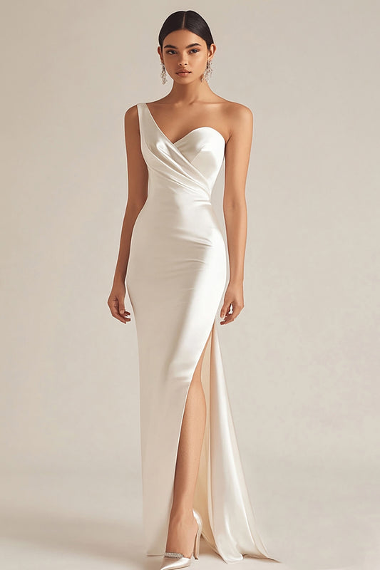 Satin Ivory One Shoulder Maxi Wedding Reception Dress with Slit