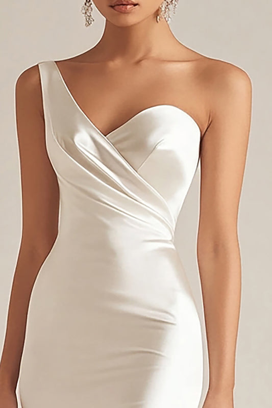 Satin Ivory One Shoulder Maxi Wedding Reception Dress with Slit