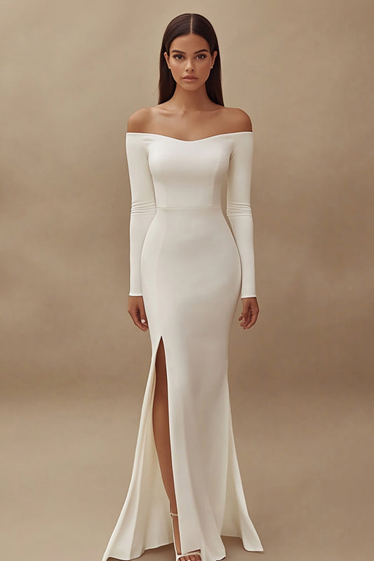 Satin Ivory Off the Shoulder Maxi Wedding Reception Dress with Slit