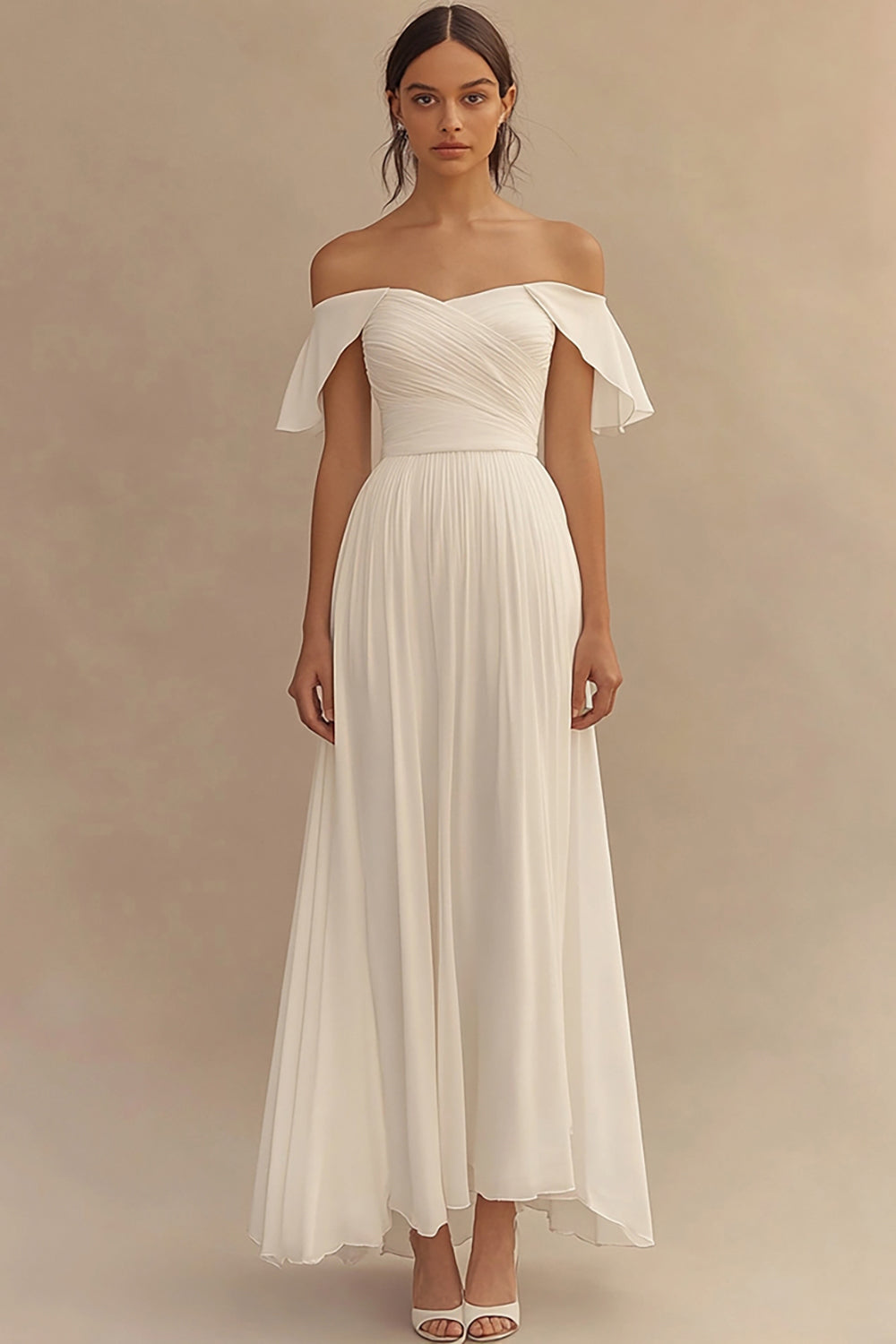 Zapakasa Women Ivory Chiffon Wedding Reception Dress Off the Shoulder