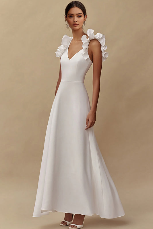 Ivory A Line V-Neck Maxi Wedding Reception Dress with Ruffles