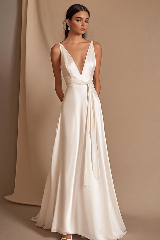 Ivory A Line Satin V-Neck Maxi Rehearsal Dinner Dress with Sash