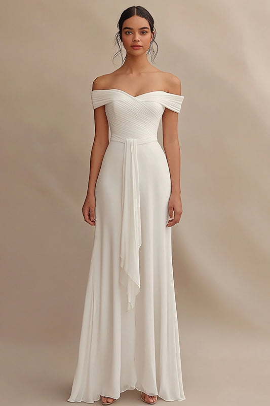 Ivory Chiffon Off the Shoulder Maxi Rehearsal Dinner Dress with Sash