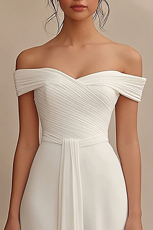 Ivory Chiffon Off the Shoulder Maxi Rehearsal Dinner Dress with Sash