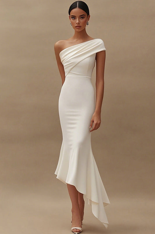 Ivory Mermaid One Shoulder Satin Midi Engagement Dress