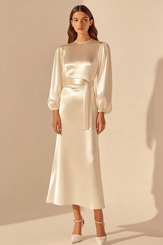 Ivory Round Neck Sheath Maxi Rehearsal Dinner Dress with Sleeves