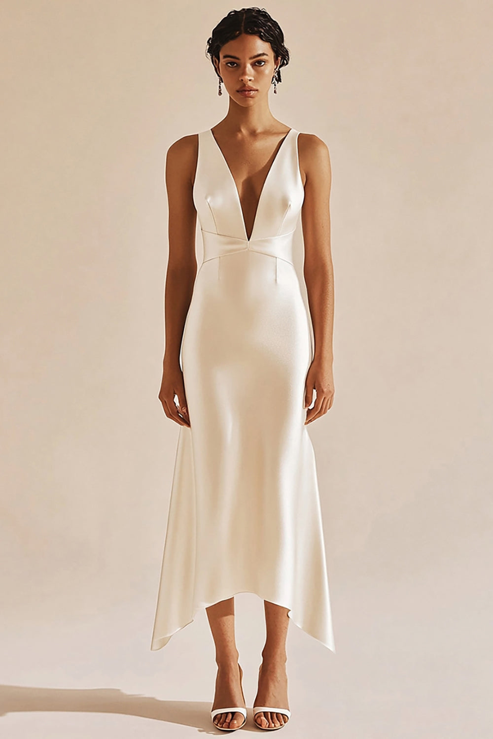 Zapakasa Women Simple Ivory Satin Midi Engagement Dress V-Neck Sheath