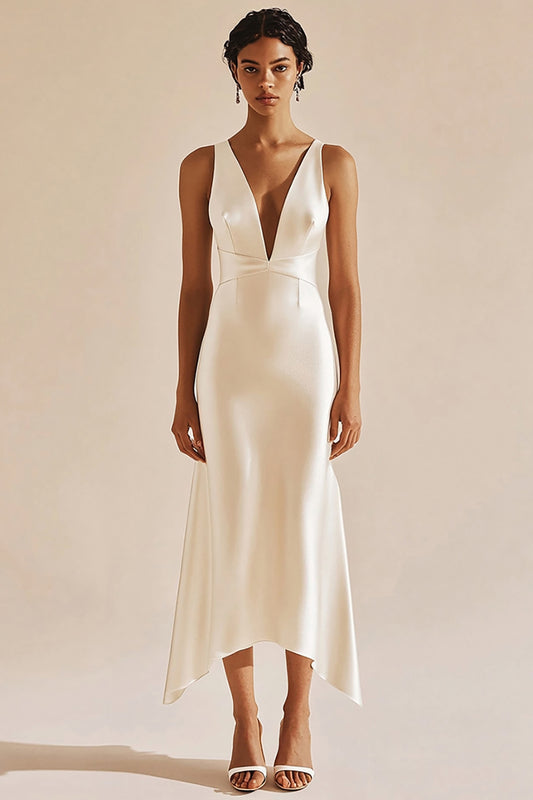 Simple Ivory V-Neck Sheath Satin Midi Engagement Dress