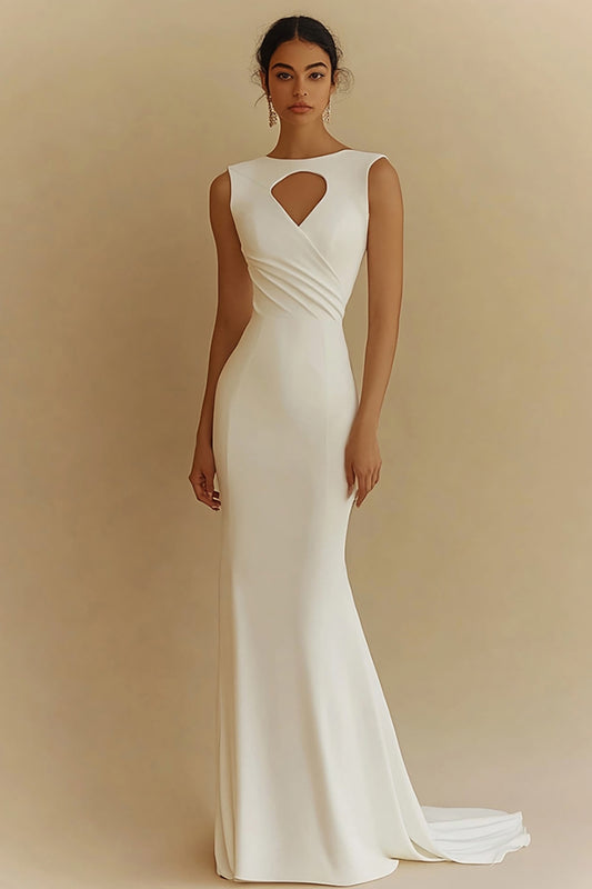 Ivory Boat Neck Satin Mermaid Maxi Rehearsal Dinner Dress