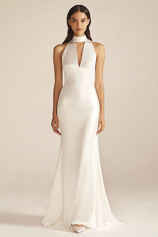 Ivory Satin High Neck Mermaid Maxi Rehearsal Dinner Dress
