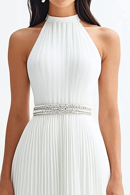 Sparkly Ivory High Neck Pleated Maxi Rehearsal Dinner Dress with Beading