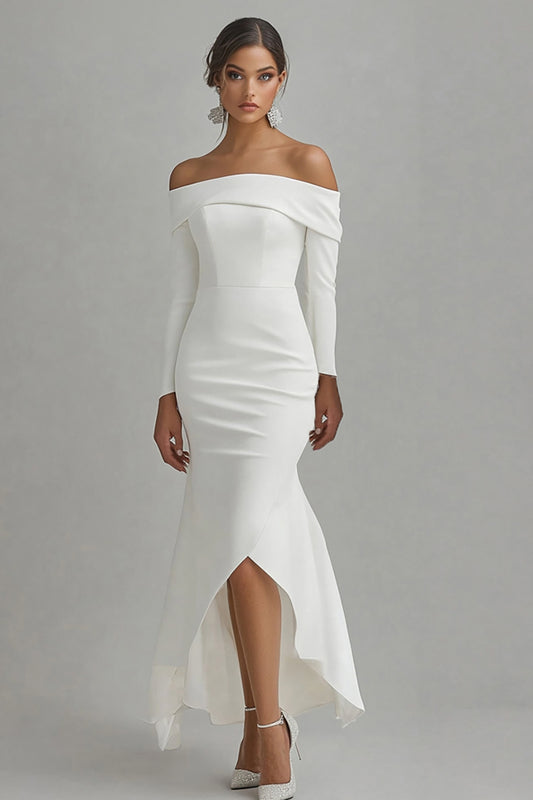 Ivory Off the Shoulder Satin High-Low Engagement Dress with Sleeves