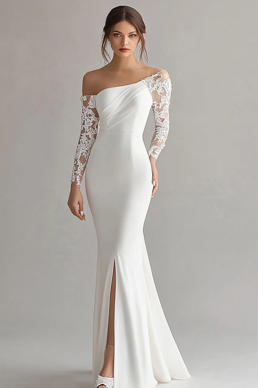 Ivory Satin Maxi Mermaid Rehearsal Dinner Dress with Lace Long Sleeves One Shoulder Wedding Reception Dress with Slit
