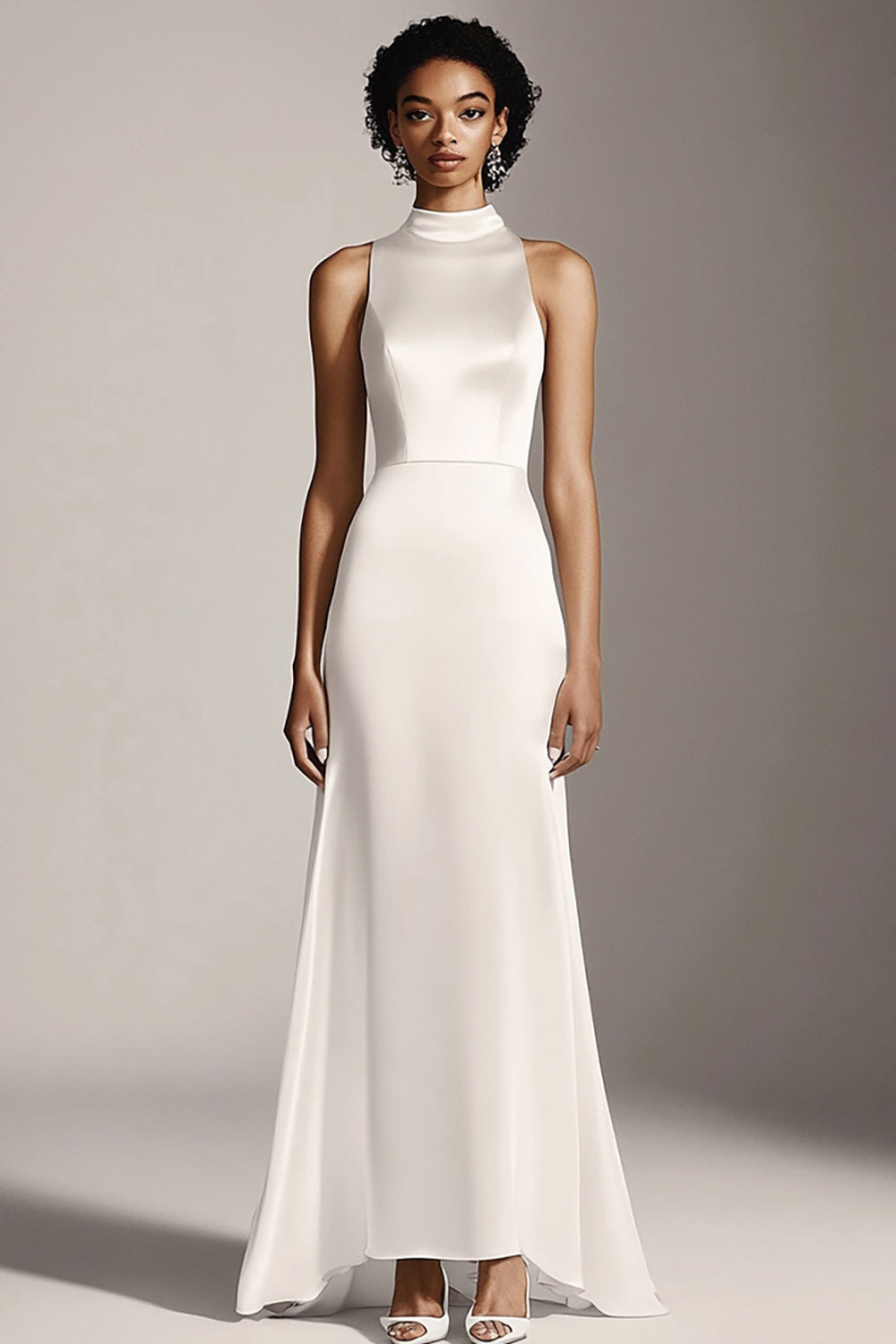 Zapakasa Women Ivory Satin Maxi Rehearsal Dinner Dress High Neck Sheath