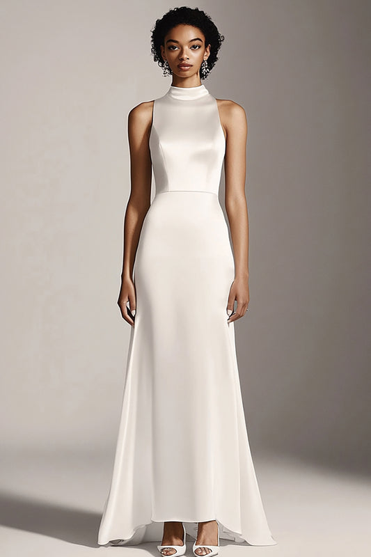 Ivory Satin High Neck Sheath Maxi Rehearsal Dinner Dress