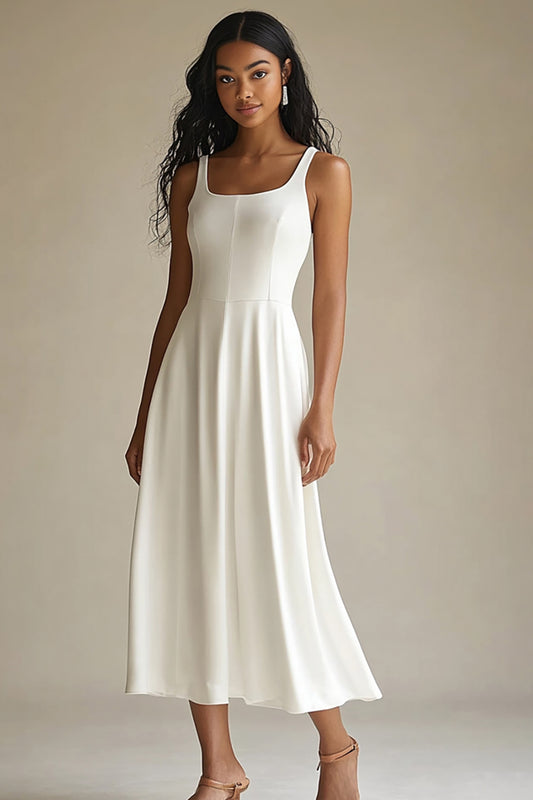 Simple Ivory Scoop Satin Midi Engagement Dress