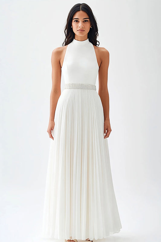 Ivory Chiffon Pleated High Neck Maxi Engagement Dress