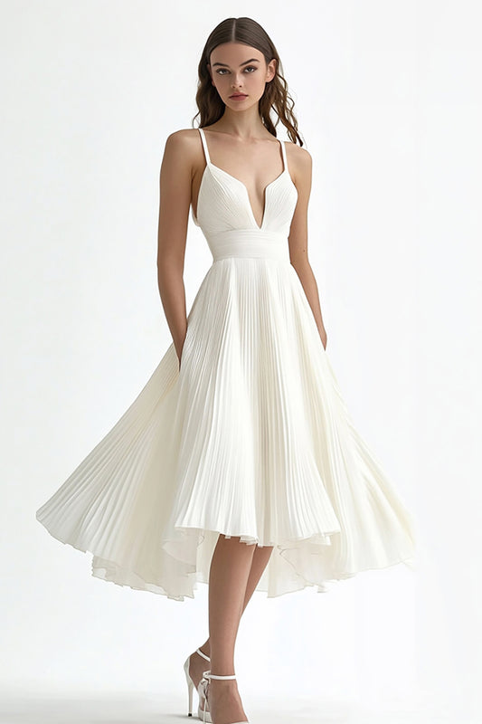 Ivory Chiffon Pleated A Line Midi Engagement Dress