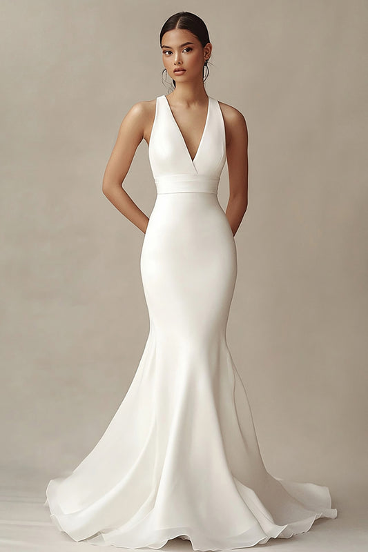 Simple Ivory Mermaid Rehearsal Dinner Dress V-Neck Maxi Wedding Reception Dress