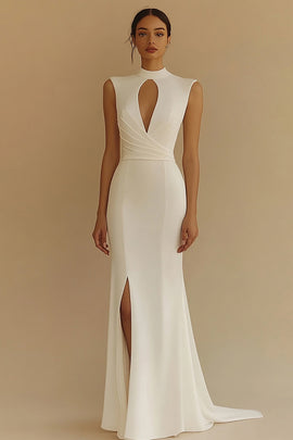 Ivory High Neck Keyhole Satin Maxi Rehearsal Dinner Dress with Slit