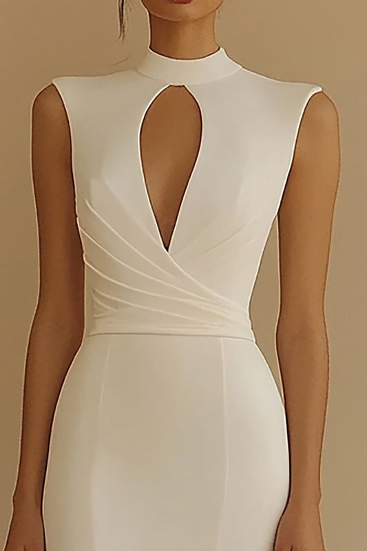 Ivory High Neck Keyhole Satin Maxi Rehearsal Dinner Dress with Slit