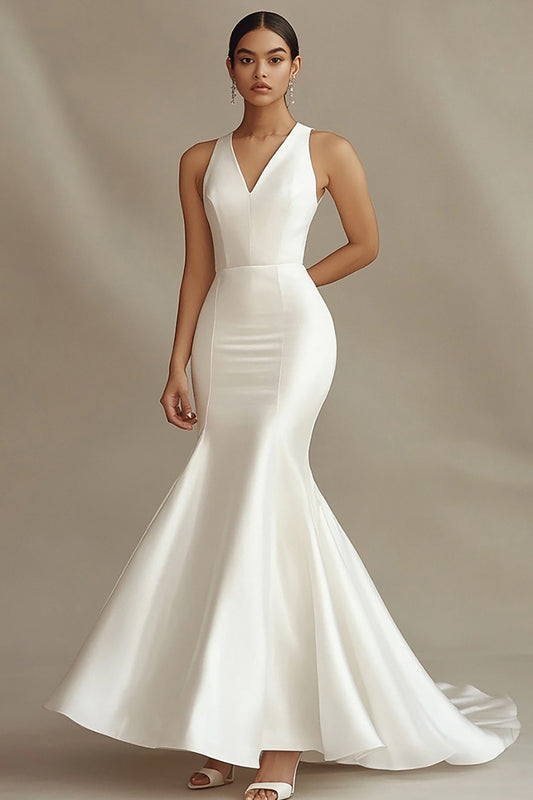 Ivory Mermaid V-Neck Satin Sweep Train Rehearsal Dinner Dress