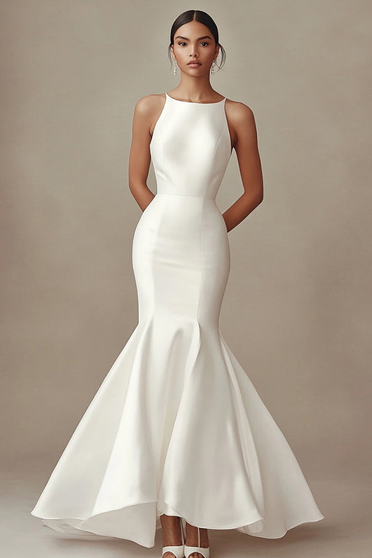 Ivory Mermaid Boat Neck Satin Maxi Rehearsal Dinner Dress