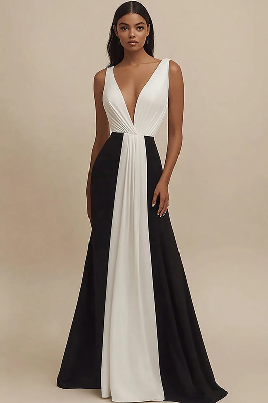 Black and White Deep V-Neck Sheath Long Formal Dress