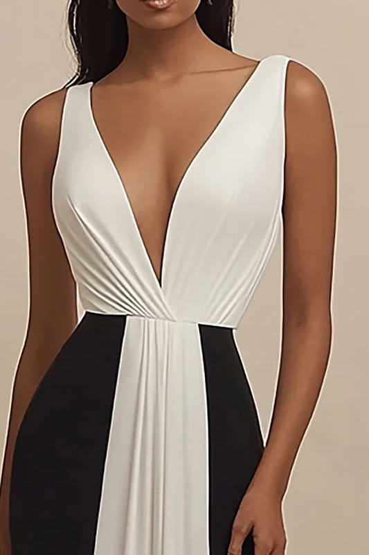 Black and White Deep V-Neck Sheath Long Formal Dress