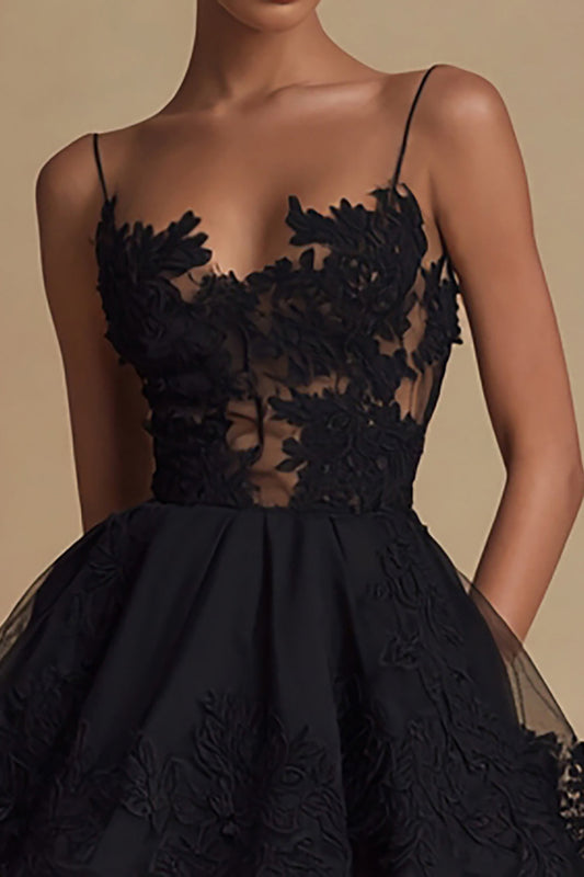 Black Tulle Spaghetti Straps A Line Mini Cocktail Dress with Lace
