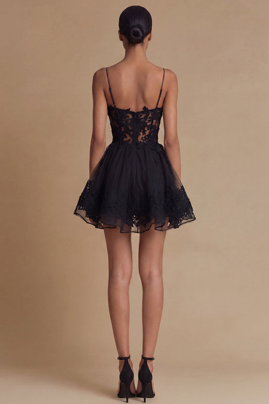 Black Tulle Spaghetti Straps A Line Mini Cocktail Dress with Lace