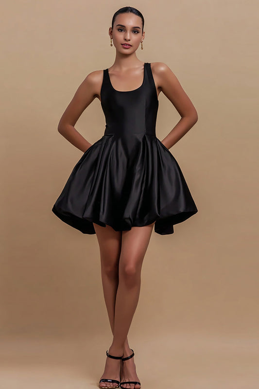 Simple Black Satin Scoop A Line Short Cocktail Dress