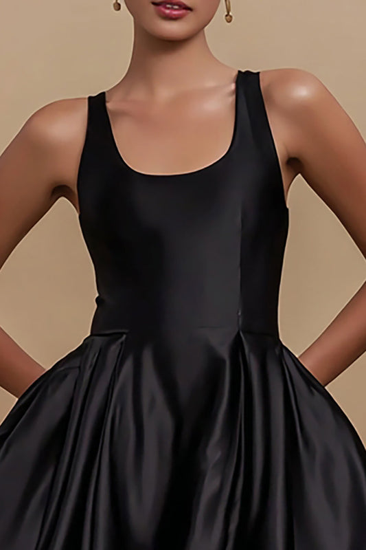 Simple Black Satin Scoop A Line Short Cocktail Dress