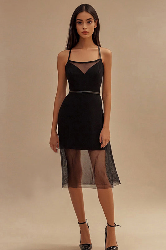 Black Tight Illusion Neck Spaghetti Straps Midi Cocktail Dress
